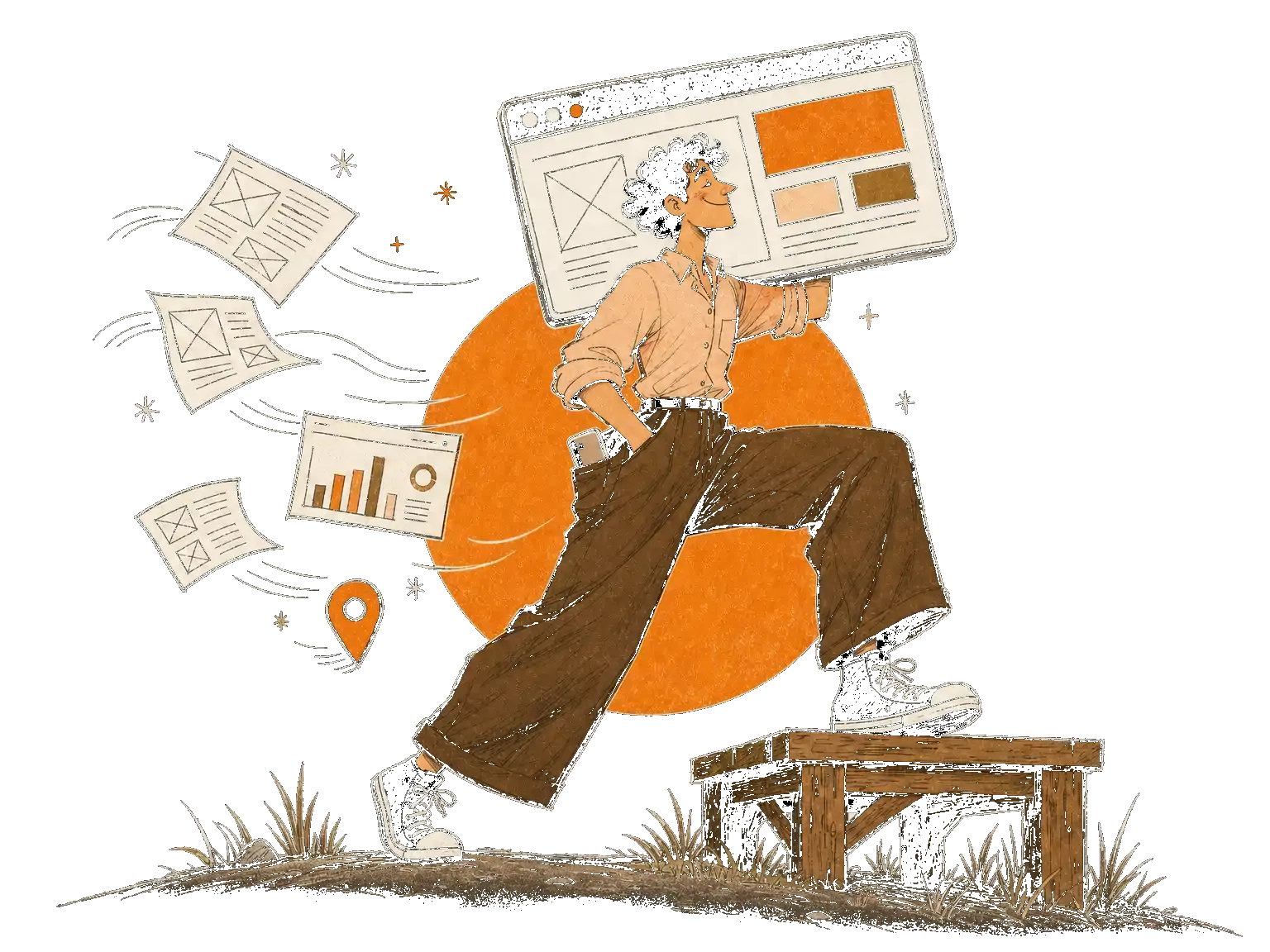 A smiling curly-haired man carrying a large website window over one shoulder, with floating documents around him.