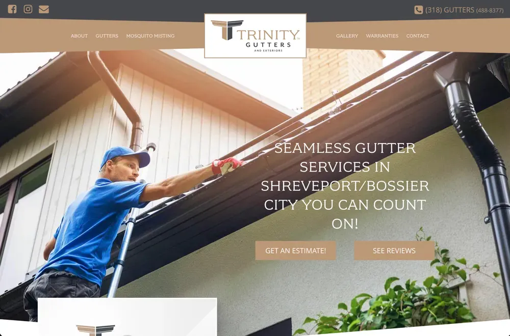 Worker in a blue cap and shirt on a ladder cleaning a gutter, with hero text advertising Trinity Gutters services.